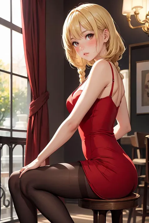 anime girl in red dress sitting on a stool in a room