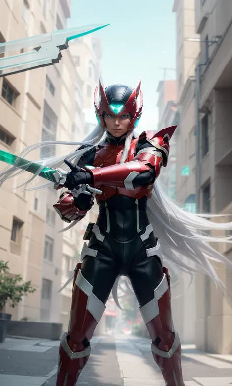 megzeromyth2023,1boy, long white hair, red armor, green energy sword, 8k, uhd, best quality, masterpiece, intricate,