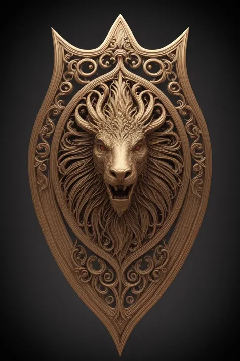 a wooden lion head mounted on a shield with intricate carvings