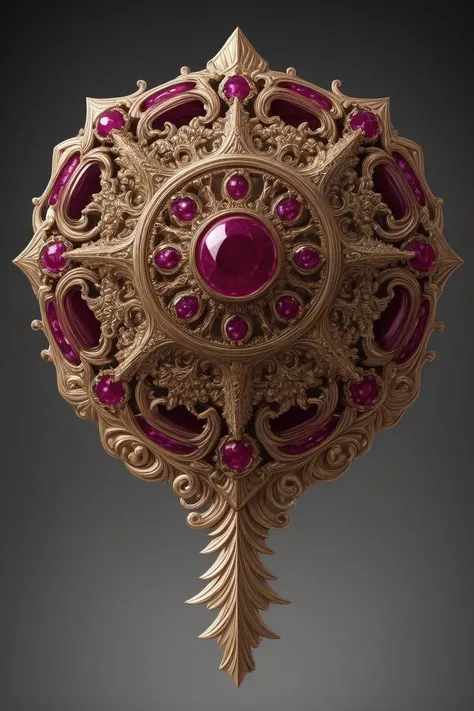 a gold and pink broochet with a large face