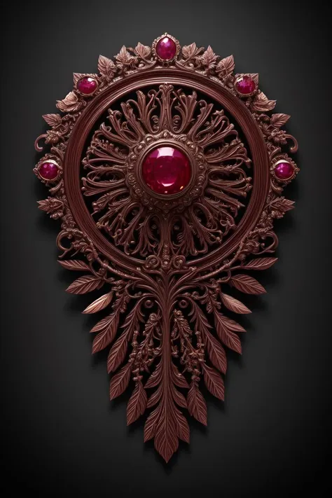 a close up of a red broochle with a flower design