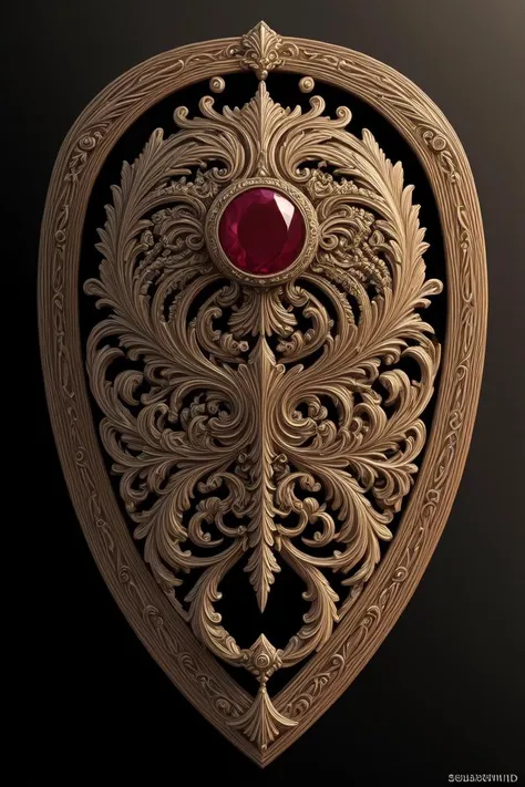 a close up of a wooden carving with a red stone