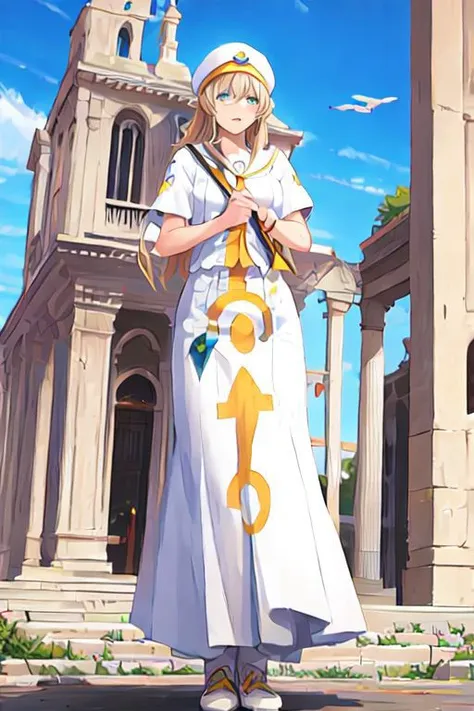 anime girl in white dress standing in front of a church