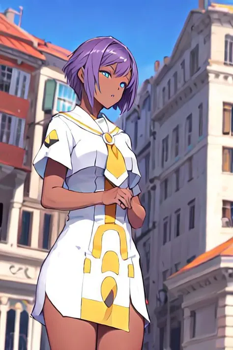 anime girl in short dress standing in front of a building