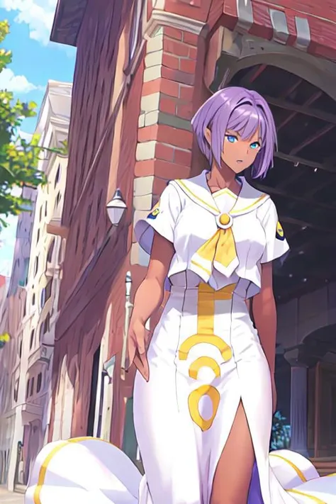 anime girl in white dress walking down a street with a large umbrella