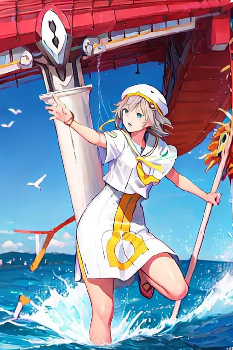 a woman in a sailor outfit is holding a pole and a boat