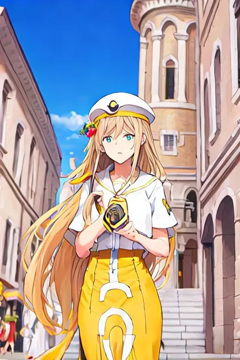 anime girl in sailor outfit holding a camera in front of a building