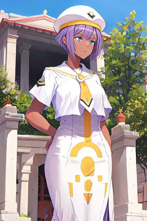 anime character dressed in white and yellow standing in front of a building