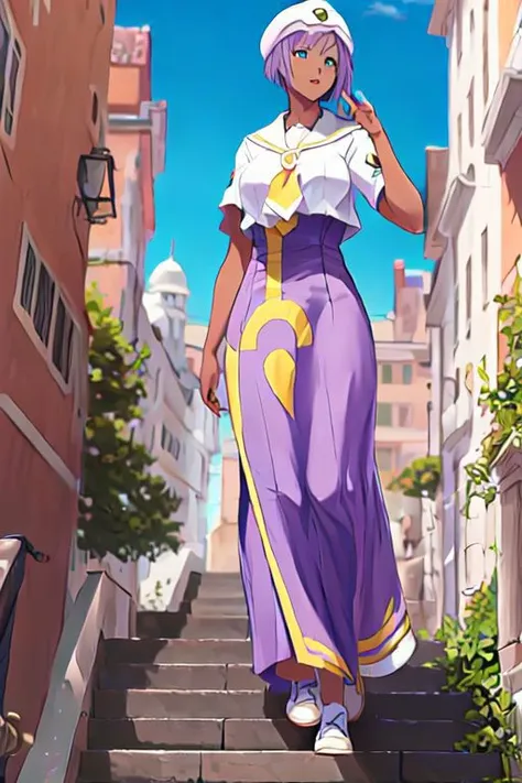 anime girl in purple dress walking down stairs in a narrow alley