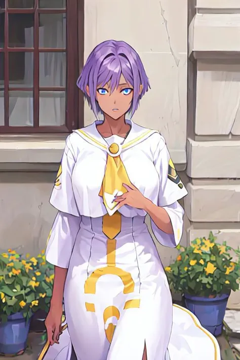 anime character dressed in white and yellow outfit standing in front of a building