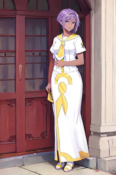 anime character standing in front of a red door with a yellow ribbon