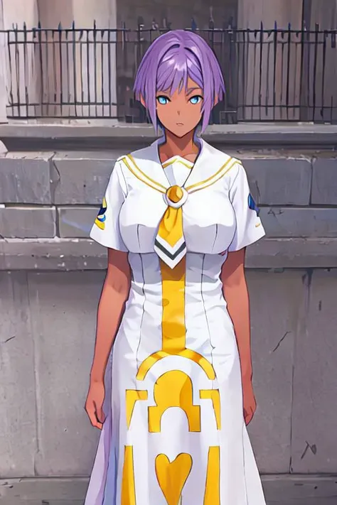 anime character dressed in white and yellow uniform standing in front of a building