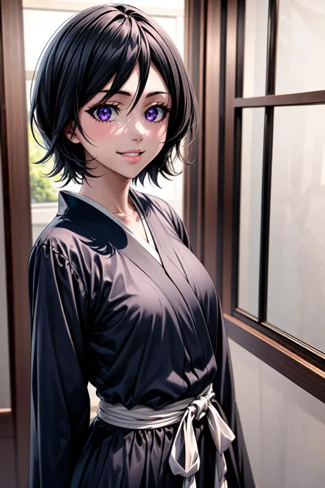 best quality, masterpiece, 1girl, (solo:1.1), raytracing, ultra detailed,detailed face, 8k wallpaper, (wide hips:0.8), <lora:more_details:0.5>, smile, indoor, KushikiRukia_NDV, 1girl, black hair, small breasts, short hair, black kimono,  <lora:KushikiRukia...