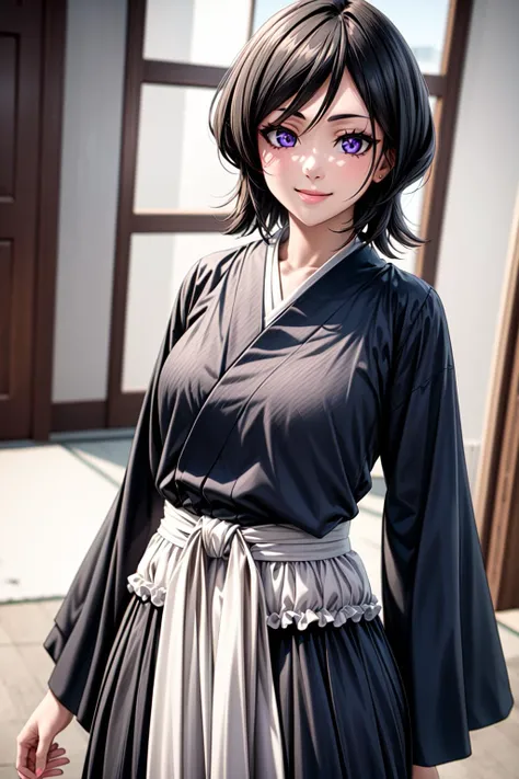 best quality, masterpiece, 1girl, (solo:1.1), raytracing, ultra detailed,detailed face, 8k wallpaper, (wide hips:0.8), <lora:more_details:0.5>, smile, indoor, KushikiRukia_NDV, 1girl, black hair, small breasts, short hair, black kimono,  <lora:KushikiRukia...