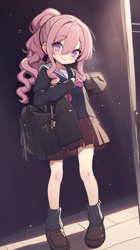 <lora:_XL_PStyles:1>  _XL_PStyles, 1girl, petite , big breast , purple eyes, dark pink hair, long hair , ponytail, wavy hair , hair over one eye, sideburns , :p, blush , head_tilt standing , bare legs soles focus, serafuku , black  long sleeve , slouch soc...