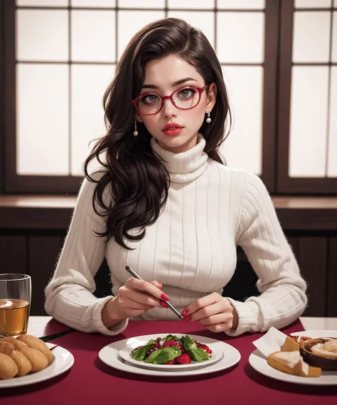 woman in white turtleneck sweater eating salad at table with plates of food