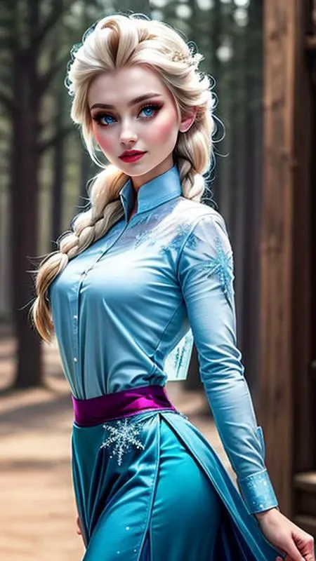 elsa, elsa from frozen, (blue dress), 1girl, holding a magic ice spell, wearing a mechanical mask, (gl1chr03:0.25), (masterpiece, best quality, good quality:1.4), masterpiece, intricate details,  (shirt:1.5), (white shirt), pants, skirt, cute face, detaile...