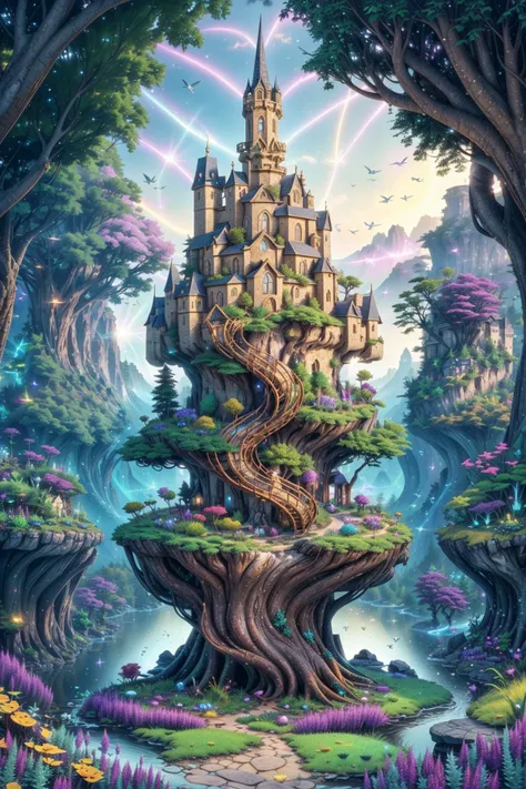 award winning landscape photograph, (style of gl1chr03:1.2),secret nature, ancient tree castle designed by larry elmore and Mattias Adolfsson and Charles Maurice Detmold, 8k resolution