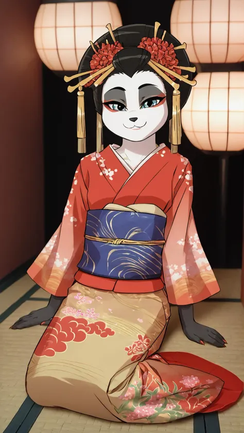 a close up of a cartoon geisha sitting on the floor