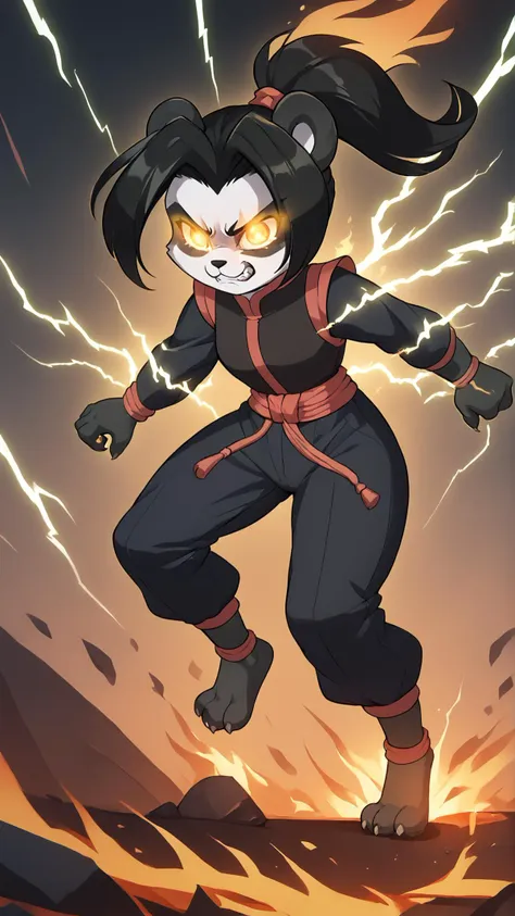 a cartoon character in a black outfit with lightning coming out of her mouth