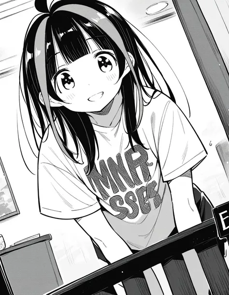 anime girl with long black hair and white shirt standing in front of a window