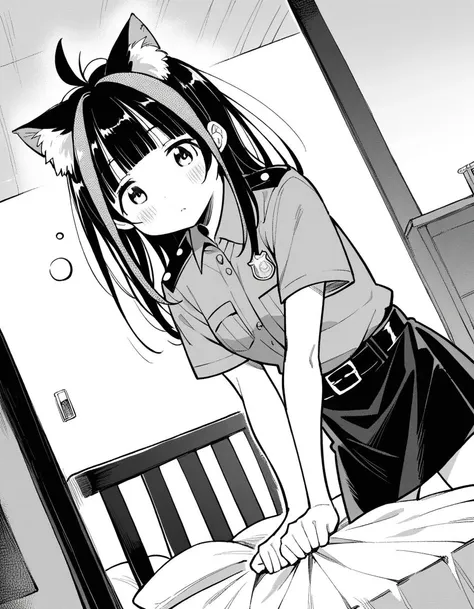 anime girl in uniform standing on bed with sheets in hand