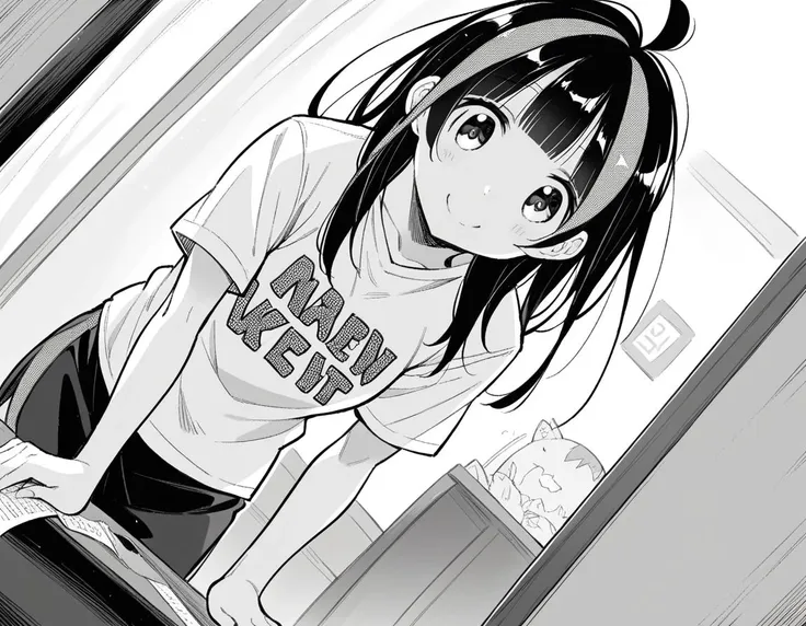 anime girl with long black hair and white shirt standing in front of a window