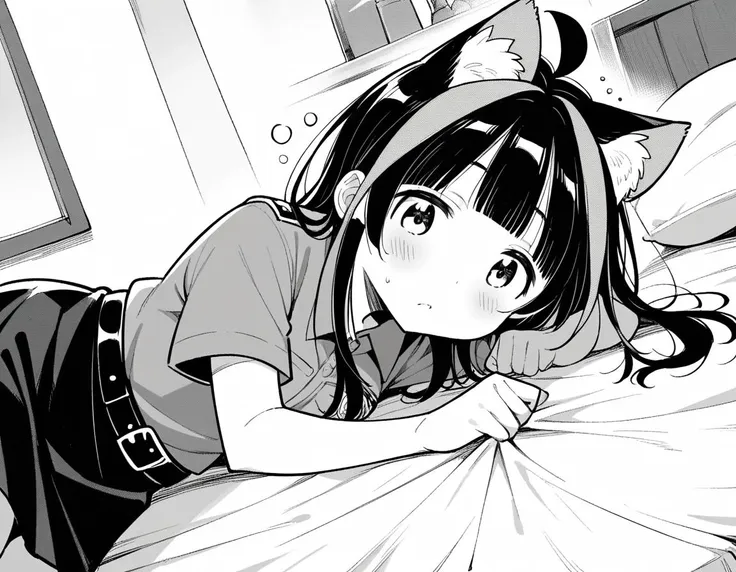 anime girl laying on bed with head on pillow in black and white