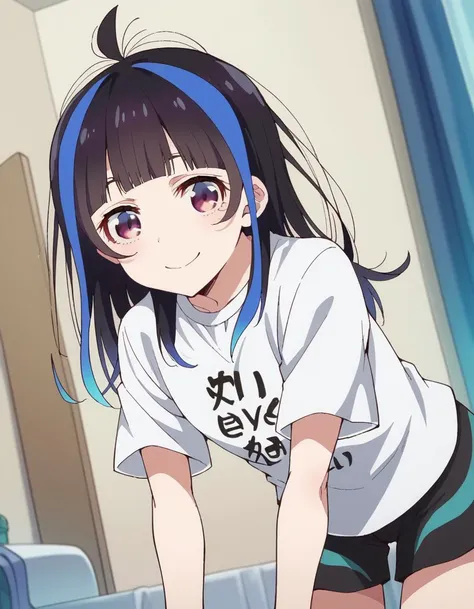 anime girl in a white shirt and black shorts with blue hair