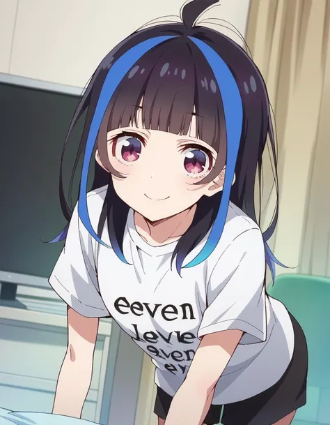 anime girl with blue hair and black hair in a white shirt