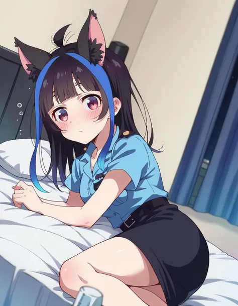 anime girl laying on a bed with a cat ear headband