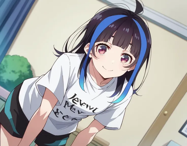 anime girl with blue hair and black shorts standing in a room