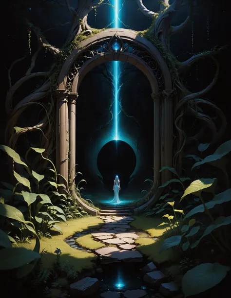 a woman standing in a doorway in a dark forest