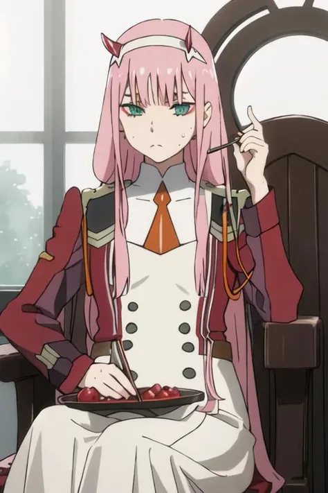 best quality, masterpiece, highres, solo, {02_darlinginthefranxx:1.15}, long_hair, pink_hair, horns, bangs, hairband, green_eyes, white_hairband, closed_mouth, makeup, straight_hair, eyeshadow, aqua_eyes, 1girl, military, military_uniform, necktie, uniform...