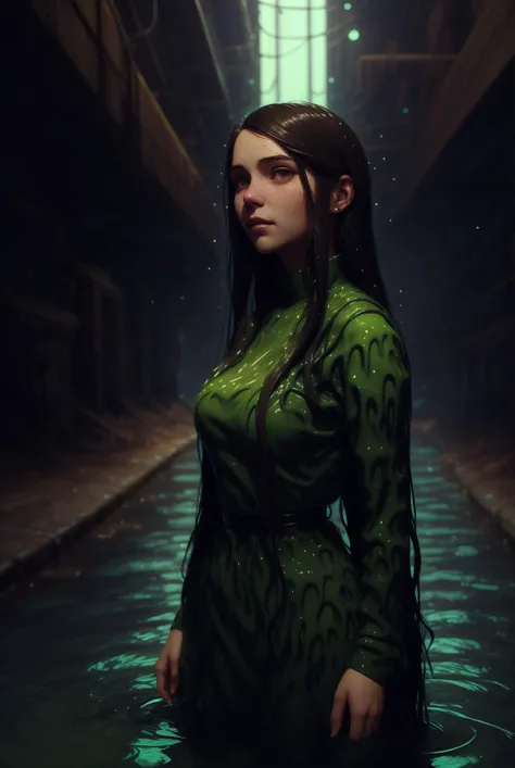 portrait of a young woman in sewers, high details, long dark hair, clothes made out of greenslimeai, 
by atey ghailan, masterpiece,
<lora:GreenSlimeAI:0.7>, <lora:lowra_v10:0.8>