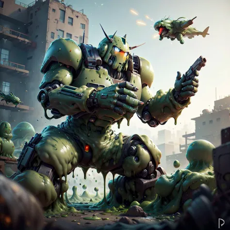 <lora:GreenSlimeAI:.8>, GreenSlimeAI battle mech on battlefield