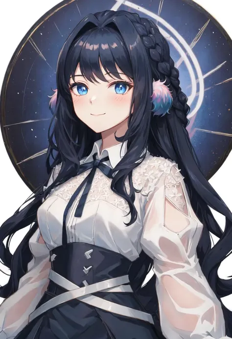 best quality, masterpiece, highres, solo, {astesia_arknights:0.90}, 1girl, looking_at_viewer, upper_body, simple_background, white_shirt, long_sleeves, smile, white_background, braid, neck_ribbon, closed_mouth, black_ribbon, blush, collared_shirt