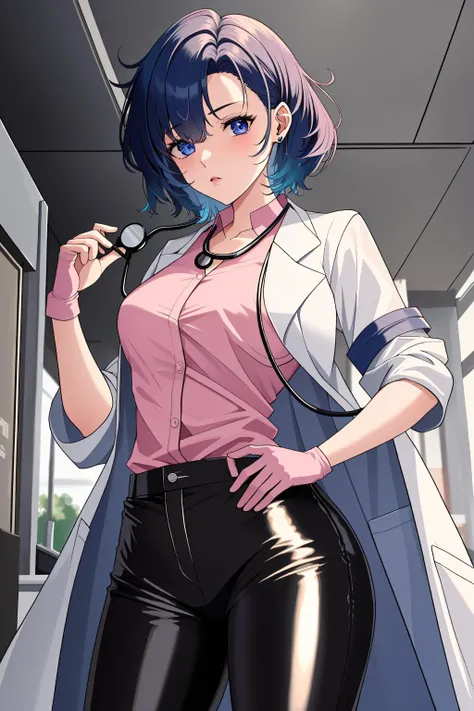 ((masterpiece, best quality, high quality)),1girl,<lora:infirmary_v0.1:0.5> (infirmary),<lora:brwn_doctor_uniform:0.8> (bwn_doc_unif, blue gloves, pink shirt, labcoat, stethoscope,latex pants),  <lora:mercury_v2:0.6> (mer1, earrings,solo),