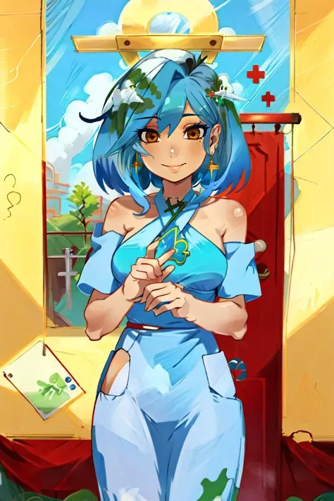 a cartoon picture of a woman in a blue dress standing in front of a door