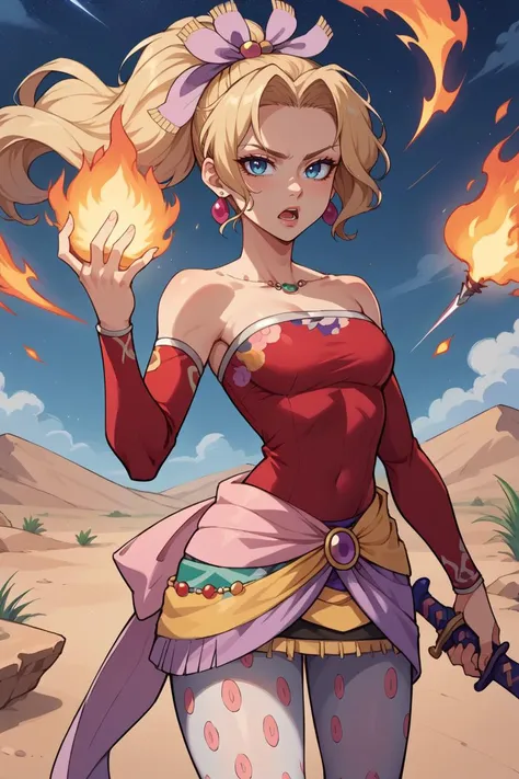 a cartoon image of a woman with a sword and fire