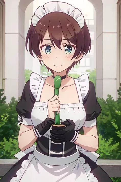 best quality, masterpiece, highres, solo, {maid:1.40}, {long maid dress:1.15}, {shinoda_hajime_newgame:1.15}, brown_hair, short_hair, green_eyes, blush, collarbone, smile