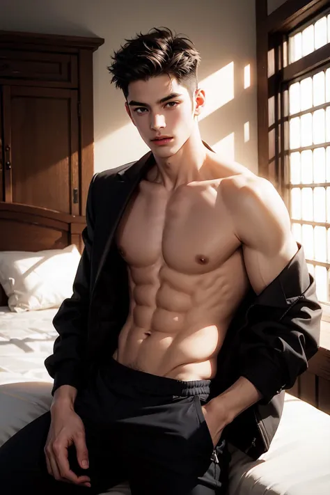 1boy,black_pants,bare shoulder,abs,<lora:Better_Nude_Men:0.5>,