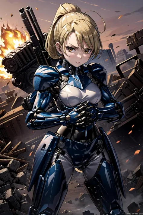 (masterpiece, best quality, detailed), 1girl, solo, hmriza, folded ponytail, brown eyes, medium breasts, looking at viewer,
<lora:mecha_offset:1>, mecha musume,mechanical parts, robot joints,single mechanical arm, headgear, mecha corset, full armor, world ...