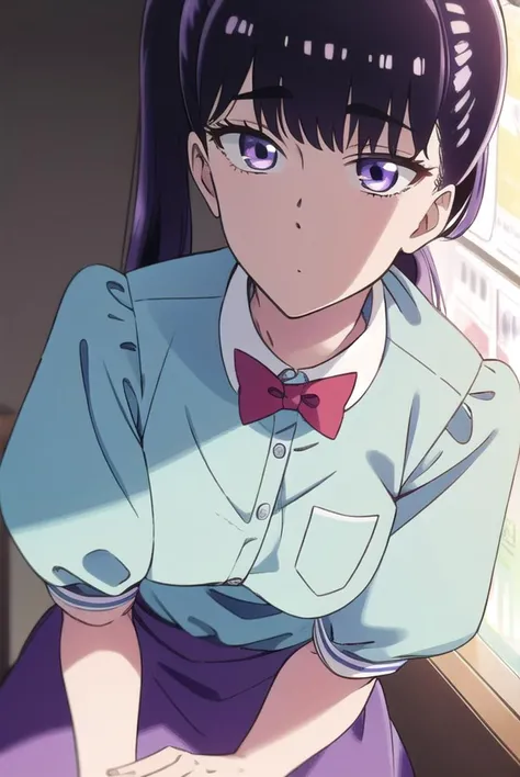 akiratachibana, <lyco:akiratachibana-lyco-nochekaiser:1>,
akira tachibana, long hair, bangs, black hair, (purple eyes:1.1),
BREAK skirt, shirt, bow, ponytail, short sleeves, puffy sleeves, bowtie, uniform, apron, red bow, blue shirt, waist apron, waitress,...