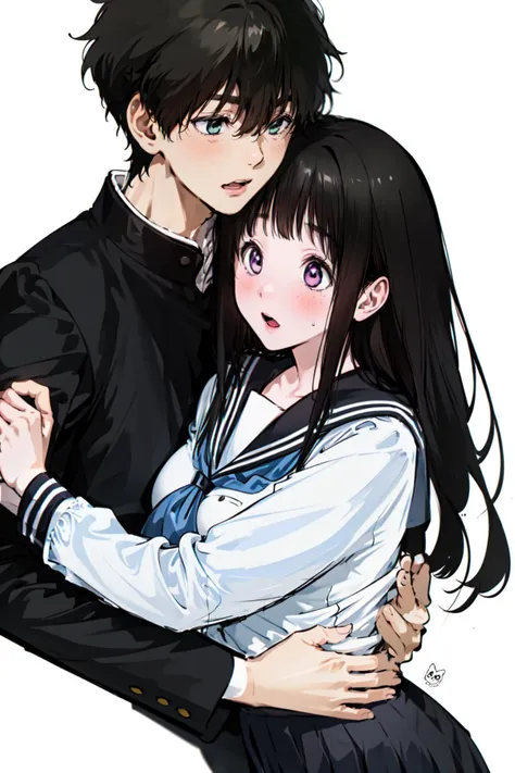 (masterpiece:1.2), best quality,PIXIV,Eru and Houtarou,
1girl, chitanda eru, oreki houtarou, 1boy, artist logo, long hair, school uniform, kamiyama high school uniform (hyouka), skirt, black hair, purple eyes, green eyes, serafuku, hug, bangs, simple backg...