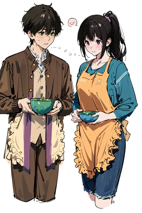 (masterpiece:1.2), best quality,PIXIV,Eru and Houtarou,
1girl, chitanda eru, oreki houtarou, 1boy, shirt, black hair, apron, long hair, bangs, pants, green eyes, artist logo, holding, purple eyes, white shirt, bowl, rice bowl, cropped legs, short hair, pon...