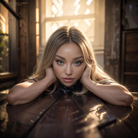 a close up of a woman sitting on a wooden table