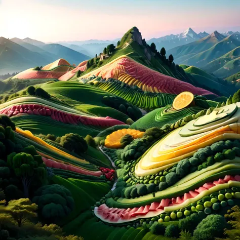 a close up of a painting of a mountain with a lot of fruit