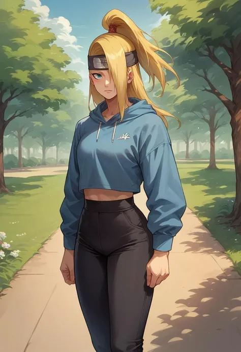 a woman in a blue top and black pants walking down a path