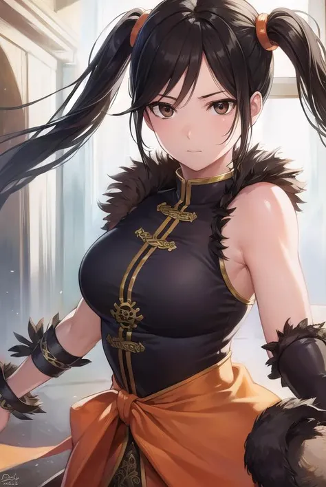 lingxiaoyu, <lyco:lingxiaoyu-lyco-nochekaiser:1>,
ling xiaoyu, (black hair:1.5), (brown eyes:1.7), swept bangs, twintails,
BREAK black gloves, bracelet, chinese clothes, feather trim, fingerless gloves, gloves, mary janes, orange footwear, shoes, single gl...